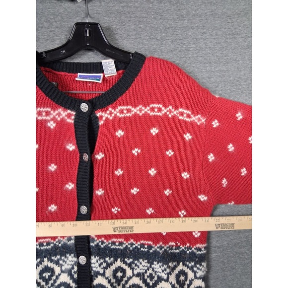 North Crest Womens Sweater Large Red Black Fair Isle Nordic Cardigan Holiday VTG - Picture 8 of 11